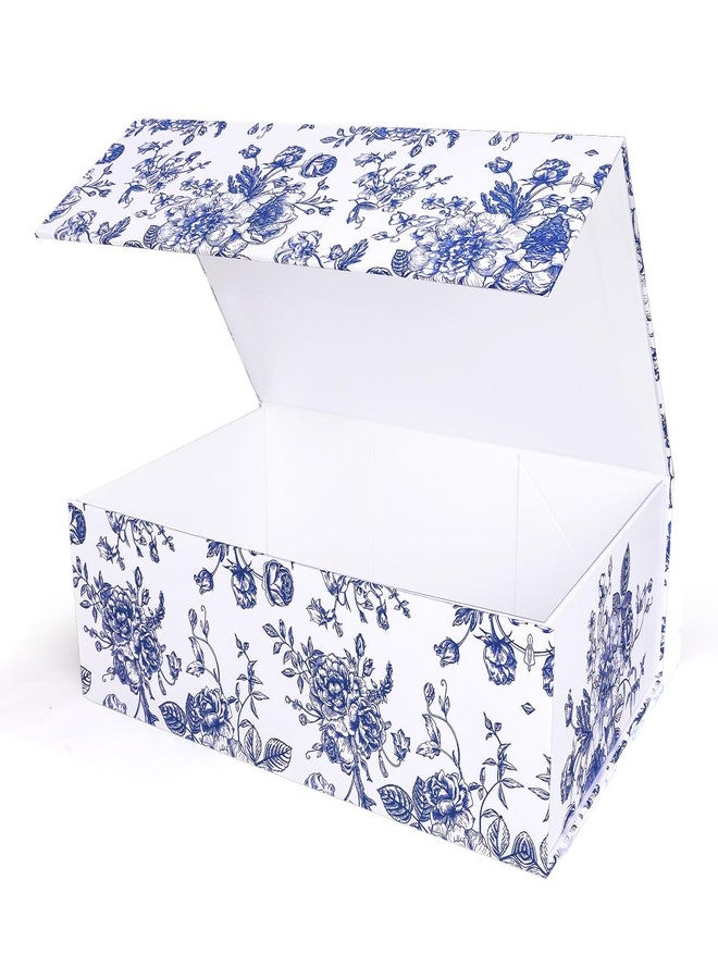 وولاين علبة هدايا من ثلاث قطع من Whaline، زرقاء اللون، مزينة بنقوش زهور، مع إغلاق مغناطيسي، مثالية لتغليف الهدايا في حفلات الزفاف، وحفلات توديع العزوبية، وأعياد الميلاد، وغيرها من المناسبات. - Image 1